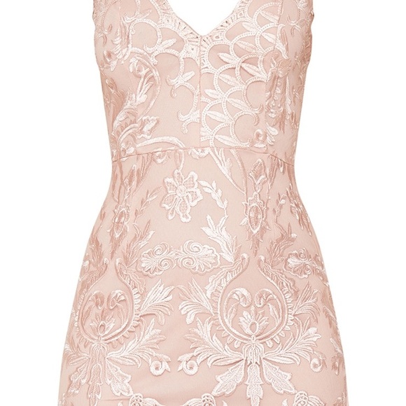 Dusty Pink Embroidered Lace Detail Plunge Bodycon Dress - Picture 6 of 7